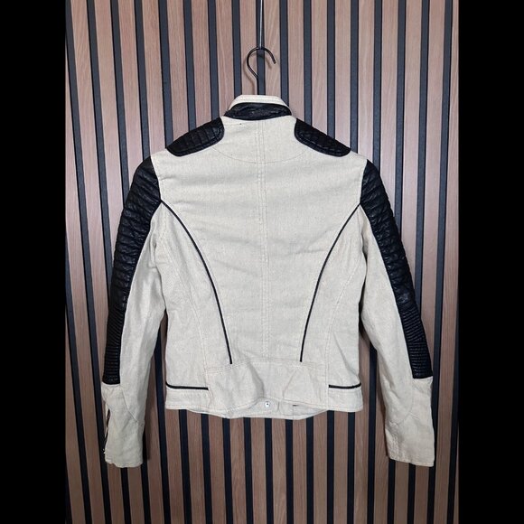 Blank NYC Moto Jacket Small Womens Beige Black Leather Linen Blend Biker - Picture 2 of 11